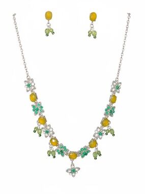 Vintage Green and Yellow Floral Austrian Crystal Necklace & Earring Set